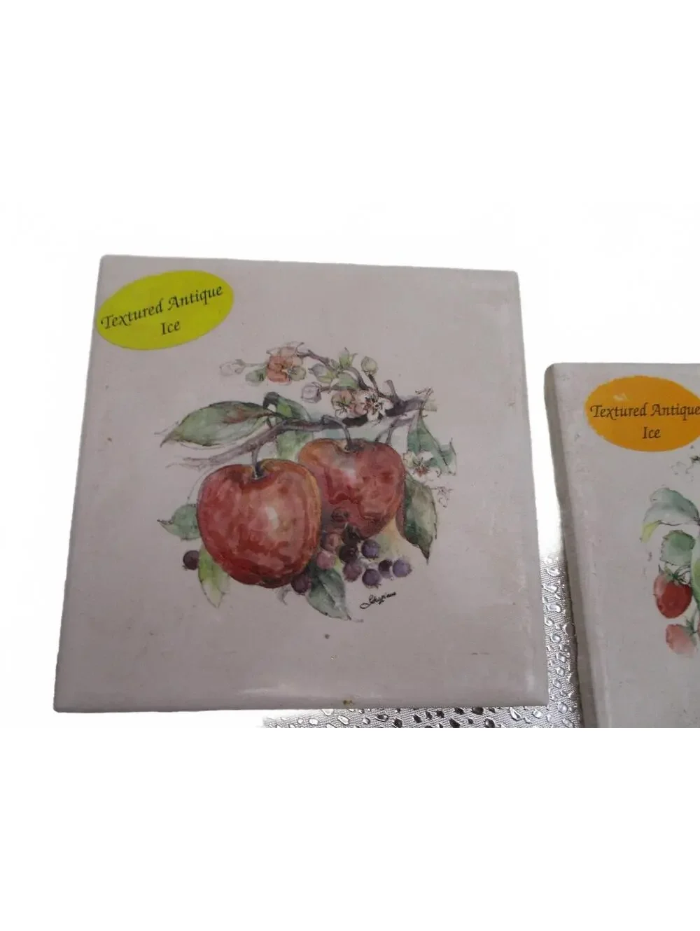 Vintage US Ceramic Fruit Tiles Set of 4 Orange Pear Ice Glaze 4.5x4.5